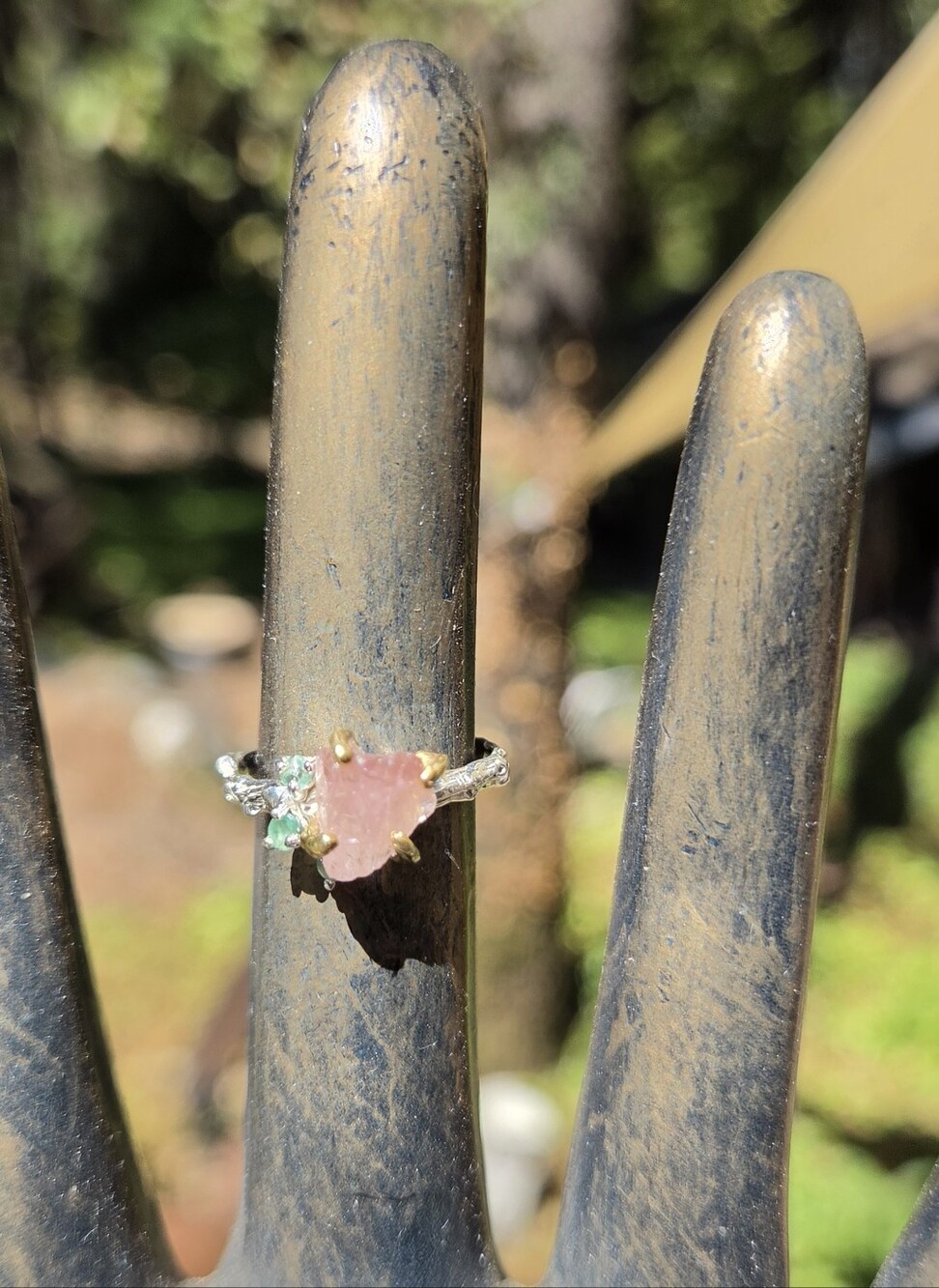 Raspberry Tourmaline & Emerald Sterling & Gold Rind Sz6.5 - Picture 3 of 8